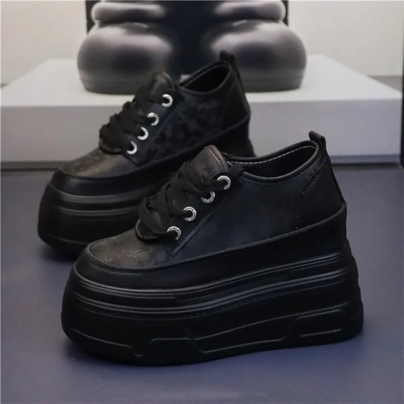 10cm 12cm Women Thick Sole Casual Shoes Leather Super High Heel Sneakers Lace-up Platform Shoes for Students Platform Shoes - Image 2
