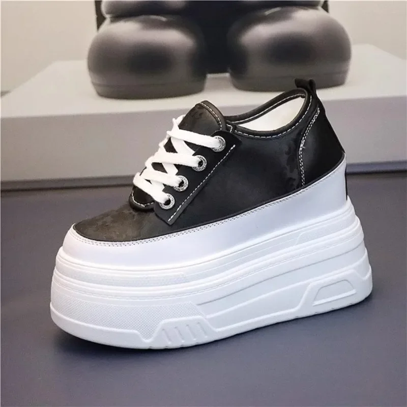 10cm 12cm Women Thick Sole Casual Shoes Leather Super High Heel Sneakers Lace-up Platform Shoes for Students Platform Shoes - Image 3