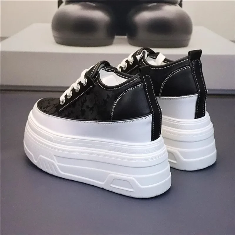10cm 12cm Women Thick Sole Casual Shoes Leather Super High Heel Sneakers Lace-up Platform Shoes for Students Platform Shoes - Image 4