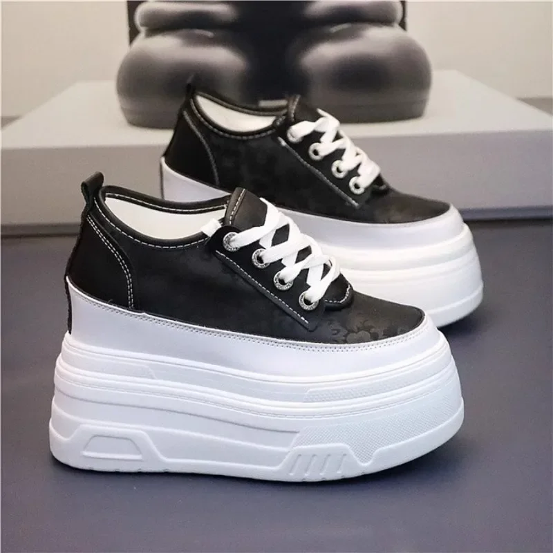 10cm 12cm Women Thick Sole Casual Shoes Leather Super High Heel Sneakers Lace-up Platform Shoes for Students Platform Shoes - Image 5