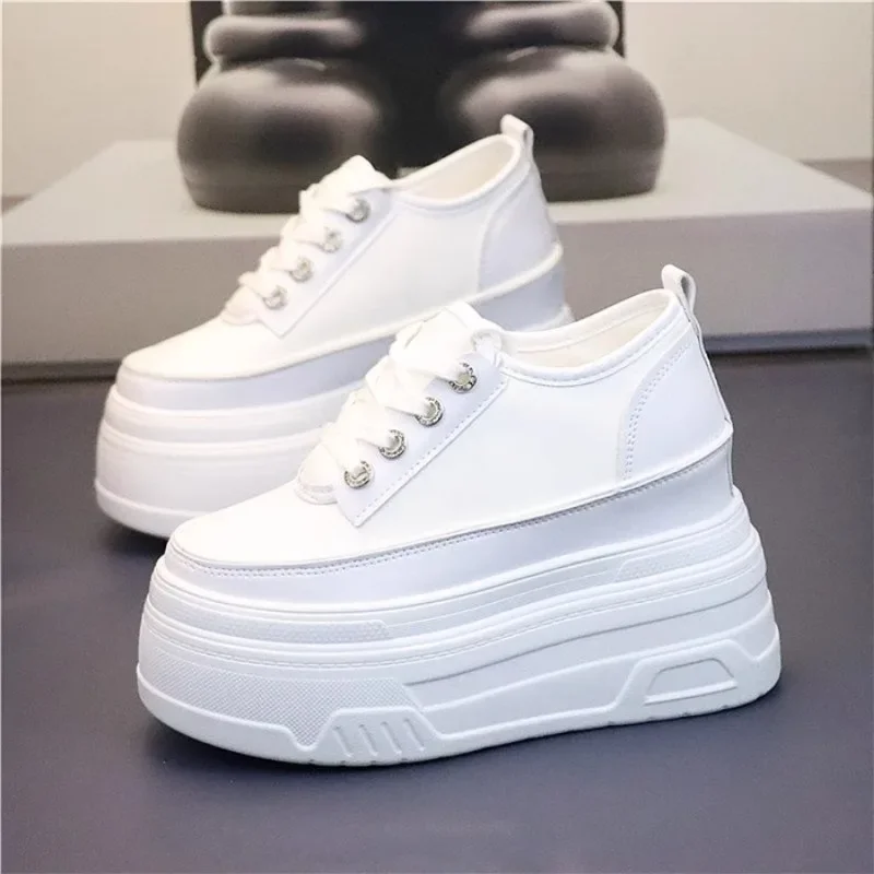 10cm 12cm Women Thick Sole Casual Shoes Leather Super High Heel Sneakers Lace-up Platform Shoes for Students Platform Shoes - Image 6