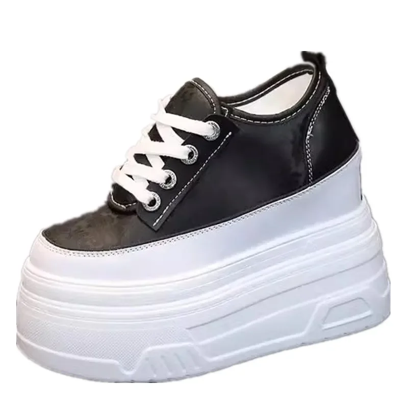 10cm 12cm Women Thick Sole Casual Shoes Leather Super High Heel Sneakers Lace-up Platform Shoes for Students Platform Shoes