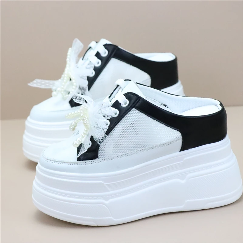 12cm Women's Breathable Mesh Slip-On Shoes Summer New Style Thick Bottom High Heel Flat Footwear Comfortable All-Match Slipper - Image 3