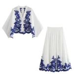 2024 Autumn New Women's Clothing European And American Style Casual Contrasting Embroidered Shirt Half Skirt Set