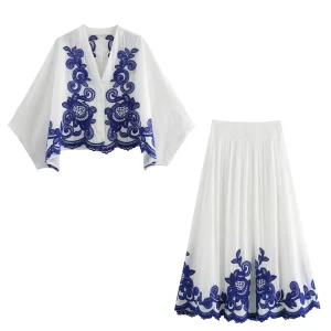 2024 Autumn New Women's Clothing European And American Style Casual Contrasting Embroidered Shirt Half Skirt Set