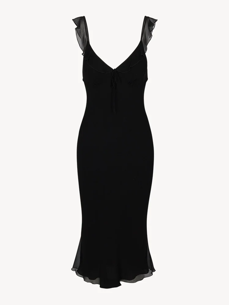 2024 Summer New Homemade Misty Elegant Gentle Sexy Style Flower V-neck Low cut Diagonal Cut Silk Dress - Image 2