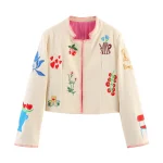 2025 Autumn New Women's Casual Sweet Loose Round Neck Long Sleeve Contrast Embroidered Short Coat