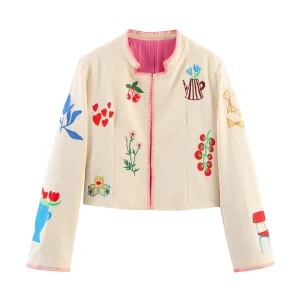 2025 Autumn New Women's Casual Sweet Loose Round Neck Long Sleeve Contrast Embroidered Short Coat