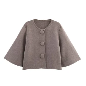 2025 Autumn New Women's Clothing Bag Cloth Big Button Girls' Style Knitted Shirt Brown Short Coat
