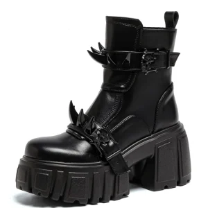2025 Autumn and Winter Women's Metal Horn Buckle Leather British Retro Thick Heel Platform Soft Leather Short Boots