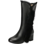 2025 Fashion Sweet Princess Faux Fur Boots Round Toe Block Heels 5cm Zipper Big Size 41 42 43 Winter Women Mid Calf Dating Bota