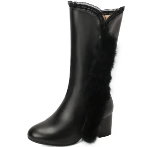 2025 Fashion Sweet Princess Faux Fur Boots Round Toe Block Heels 5cm Zipper Big Size 41 42 43 Winter Women Mid Calf Dating Bota