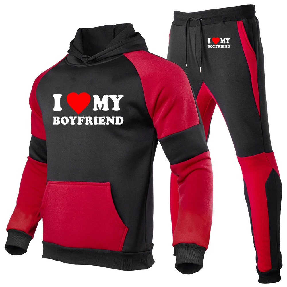 2025 I Love My Girlfriend Boyfriend Logo Print Spring Autumn Men Fashion Pullover Hoodies+Casual Sweatpants Patchwork Cotton Set - Image 2