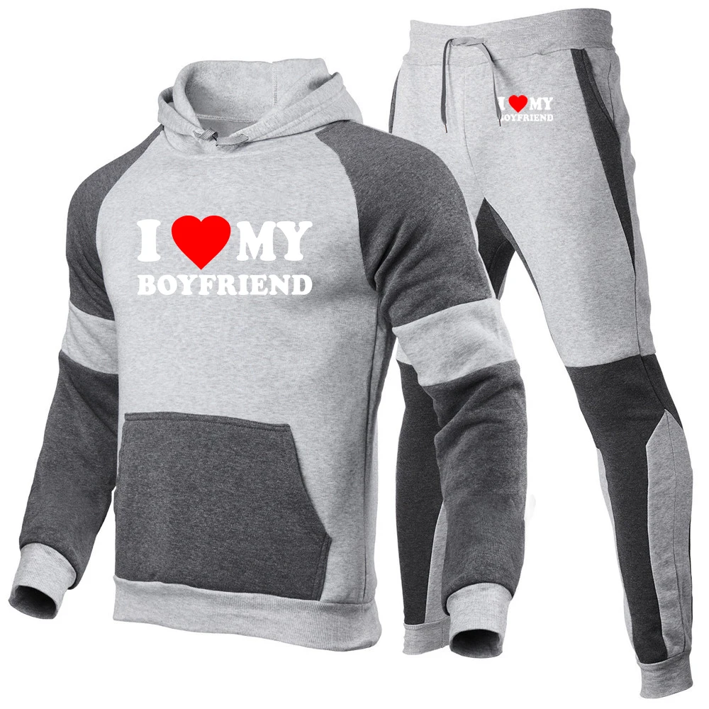 2025 I Love My Girlfriend Boyfriend Logo Print Spring Autumn Men Fashion Pullover Hoodies+Casual Sweatpants Patchwork Cotton Set - Image 3