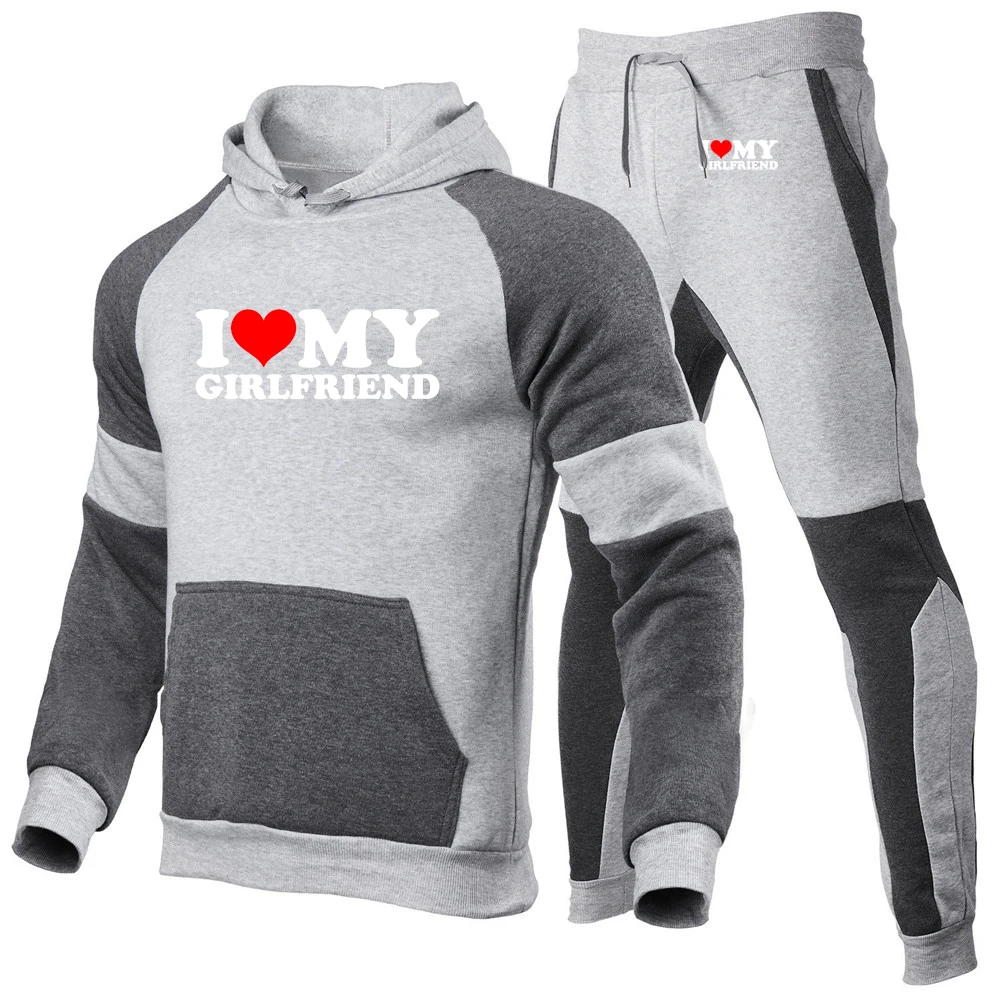 2025 I Love My Girlfriend Boyfriend Logo Print Spring Autumn Men Fashion Pullover Hoodies+Casual Sweatpants Patchwork Cotton Set - Image 4