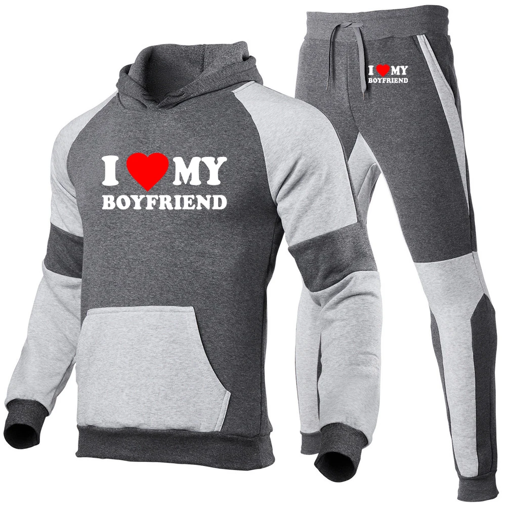 2025 I Love My Girlfriend Boyfriend Logo Print Spring Autumn Men Fashion Pullover Hoodies+Casual Sweatpants Patchwork Cotton Set - Image 5