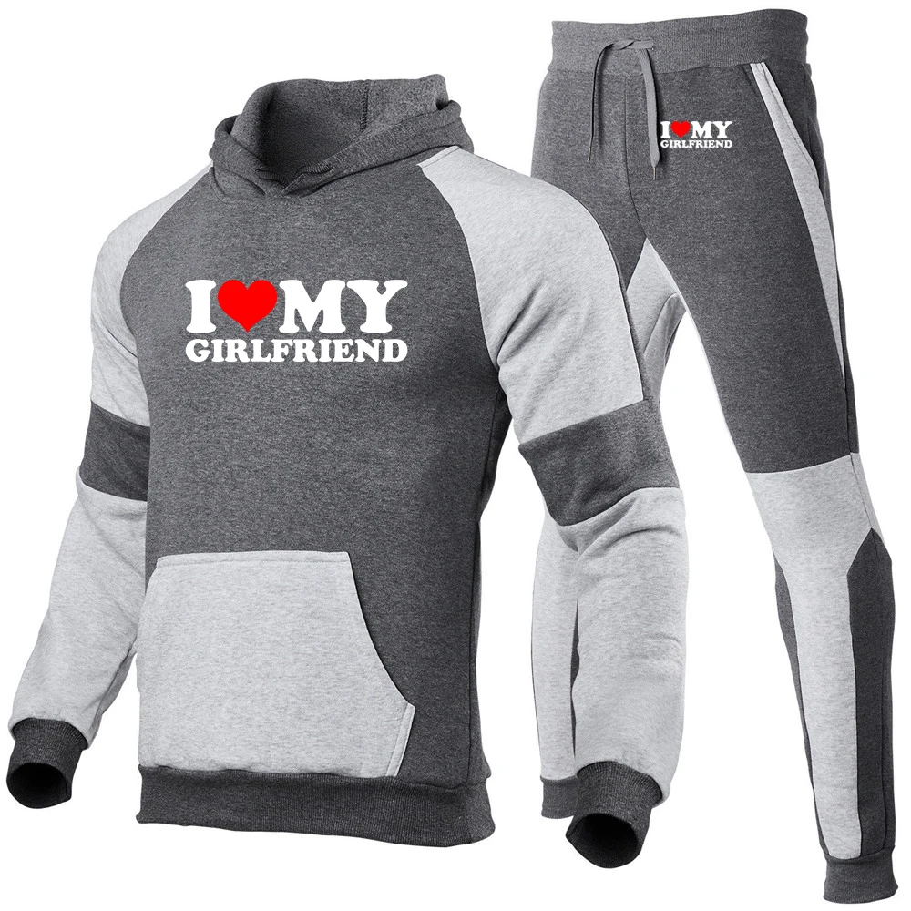 2025 I Love My Girlfriend Boyfriend Logo Print Spring Autumn Men Fashion Pullover Hoodies+Casual Sweatpants Patchwork Cotton Set - Image 6