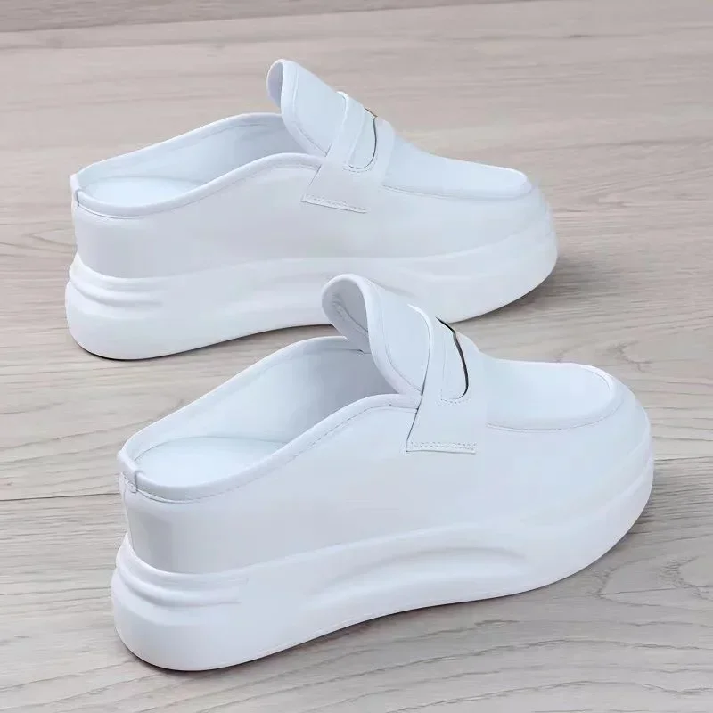 2025 Spring Summer New Fashion Thick-soled Outer Wear Sandals 8CM Mules Shoes Women Flat Heel Leather Loafers Slippers Women's - Image 2