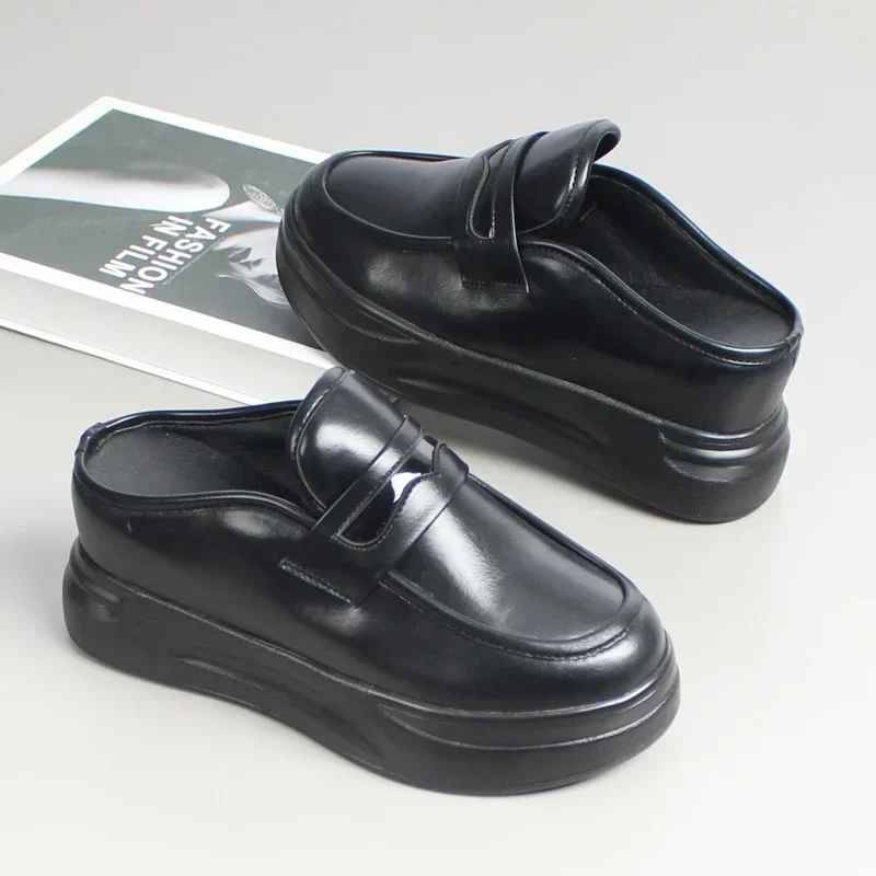 2025 Spring Summer New Fashion Thick-soled Outer Wear Sandals 8CM Mules Shoes Women Flat Heel Leather Loafers Slippers Women's - Image 3