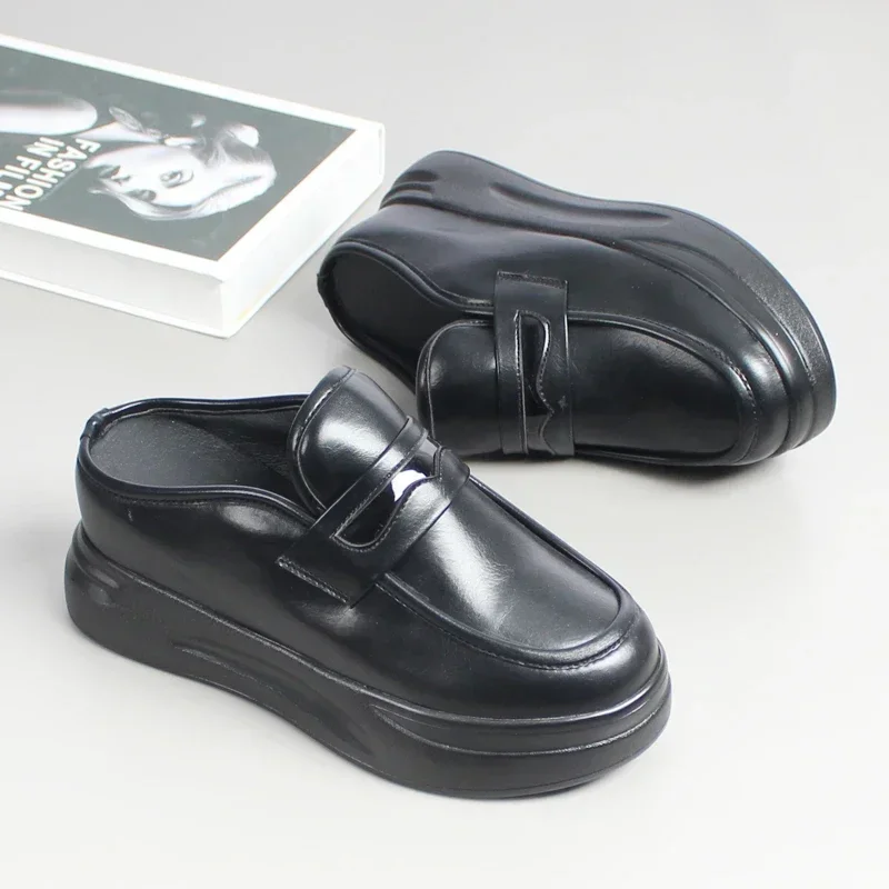 2025 Spring Summer New Fashion Thick-soled Outer Wear Sandals 8CM Mules Shoes Women Flat Heel Leather Loafers Slippers Women's - Image 4