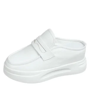 2025 Spring Summer New Fashion Thick-soled Outer Wear Sandals 8CM Mules Shoes Women Flat Heel Leather Loafers Slippers Women's