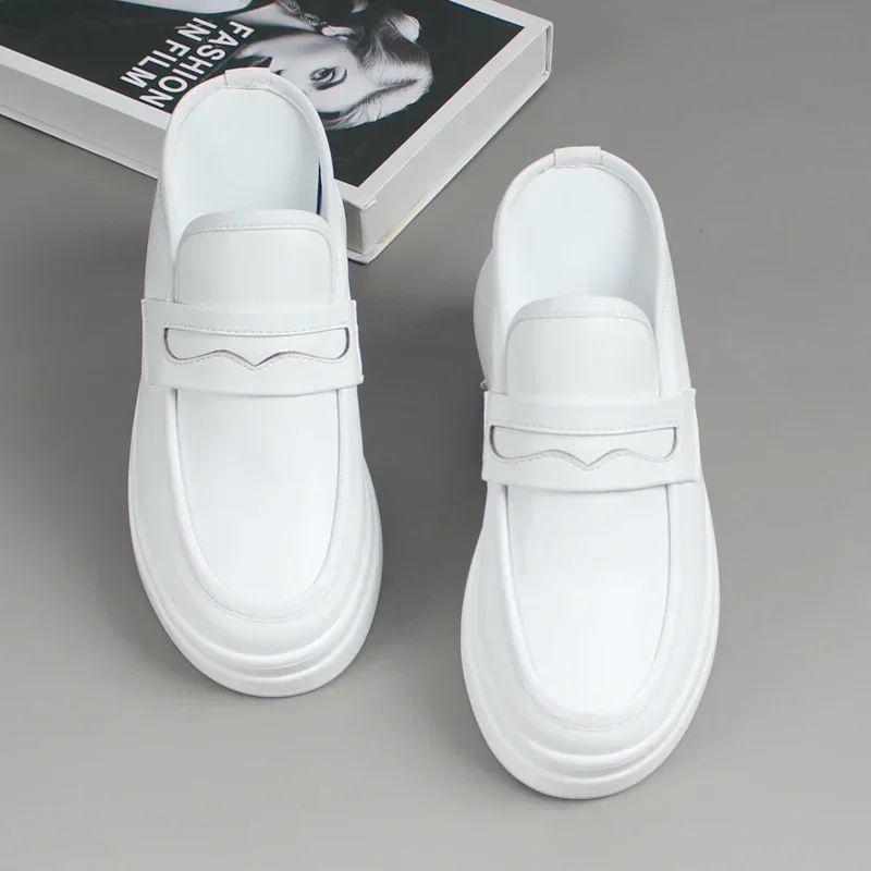 2025 Spring Summer New Fashion Thick-soled Outer Wear Sandals 8CM Mules Shoes Women Flat Heel Leather Loafers Slippers Women's - Image 5