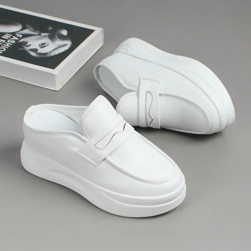 2025 Spring Summer New Fashion Thick-soled Outer Wear Sandals 8CM Mules Shoes Women Flat Heel Leather Loafers Slippers Women's - Image 6