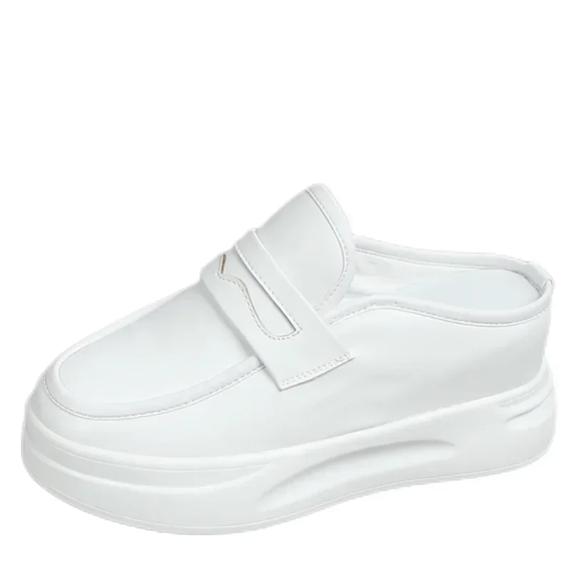 2025 Spring Summer New Fashion Thick-soled Outer Wear Sandals 8CM Mules Shoes Women Flat Heel Leather Loafers Slippers Women's