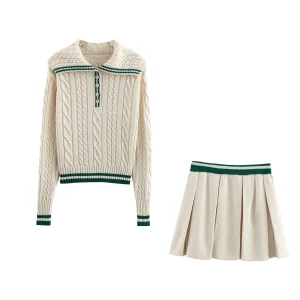 2025 Spring Women's Clothing Eight-Strand Braid Temperament Simple Lapel Long-Sleeved Knitted Sweater Short Skirt