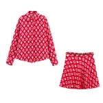 2025 Summer New Product Fashion Style Geometric Printed Long Sleeve Collar Shirt With Belt Mini Skirt