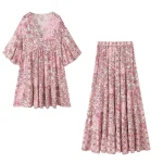2025 Summer New Women's Loose And Skinny V-neck Resort Puff Sleeve Printed Dress With High Waist And Casual Long Skirt