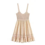 2025 Summer Women's French Fashion Style Knitted Splicing Skirt with Bareback Short Embroidered Bow Strap Dress