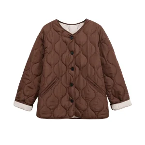 2025 winter new single breasted simple and versatile round neck diamond grid quilted cotton coat cotton jacket