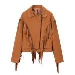 Autumn New Product Women's Retro Style Flip Collar Long Sleeve Tassel Decoration Wide Shoulder Suede Short Jacket Coat