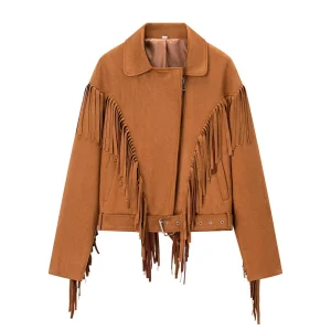 Autumn New Product Women's Retro Style Flip Collar Long Sleeve Tassel Decoration Wide Shoulder Suede Short Jacket Coat