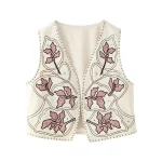 Autumn New Style High-End European And American Fashion Cotton Printed Sleeveless Short Jacket Hook Flower Vest For Women