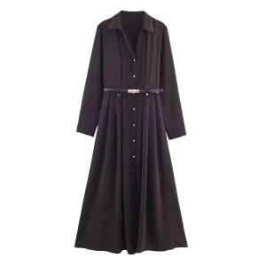 Autumn and winter new women's clothing fashion temperament style solid color lapel long sleeved belt dress for women