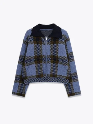 Autumn new women's clothing French lazy style lapel long sleeved zipper plaid knitted jacket