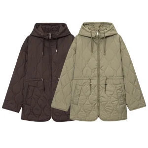 Autumn women's European and American style stand up collar long sleeved lace up adjustable hooded waterproof quilted jacket