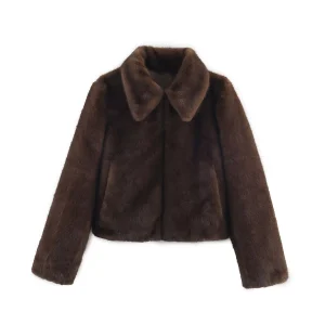 Brown collar thickened plush faux fur coat high street American environmentally friendly short winter coat for women