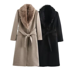 Elegant Woolen Coat for Women with Belted Leather Collar Fashionable European Style Pure Color Full Sleeve Regular Type