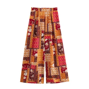Ethnic Style High Waist Slimming Straight Leg Pants New Ramie Artistic Retro Casual Printed Wide Leg Cropped Pants