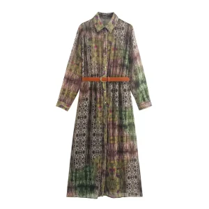 European And American Style Foreign Trade New Sweet And Western Style Dress With Belt And Metal Color Line Printed Dress