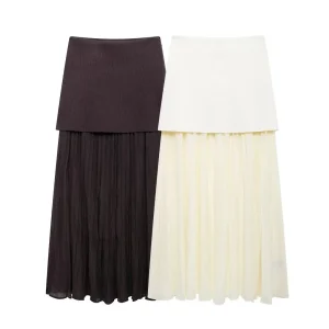 European And American Style Foreign Trade Women's Clothing New Fashion Versatile Solid Color Knitted Pleated Patchwork Skirt
