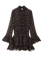 European and American 2025 autumn new women's clothing style simple and slim fit flower printed bubble gauze dress