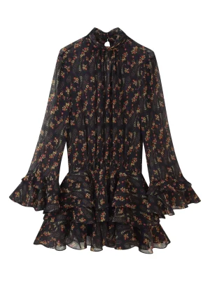 European and American 2025 autumn new women's clothing style simple and slim fit flower printed bubble gauze dress