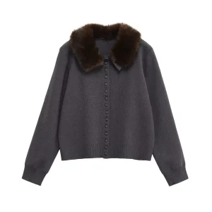 European and American style 2025 autumn new product women's artificial fur effect lapel knitted jacket