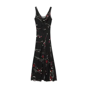 European and American style 2025 summer new women's suspender design with sleeveless printed long dress