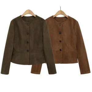 European and American style winter new Maillard wasteland style brown suede suede round neck waist jacket jacket