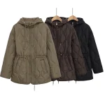 European and American style winter new product women's stand up collar lace up hooded waist cinched quilted jacket